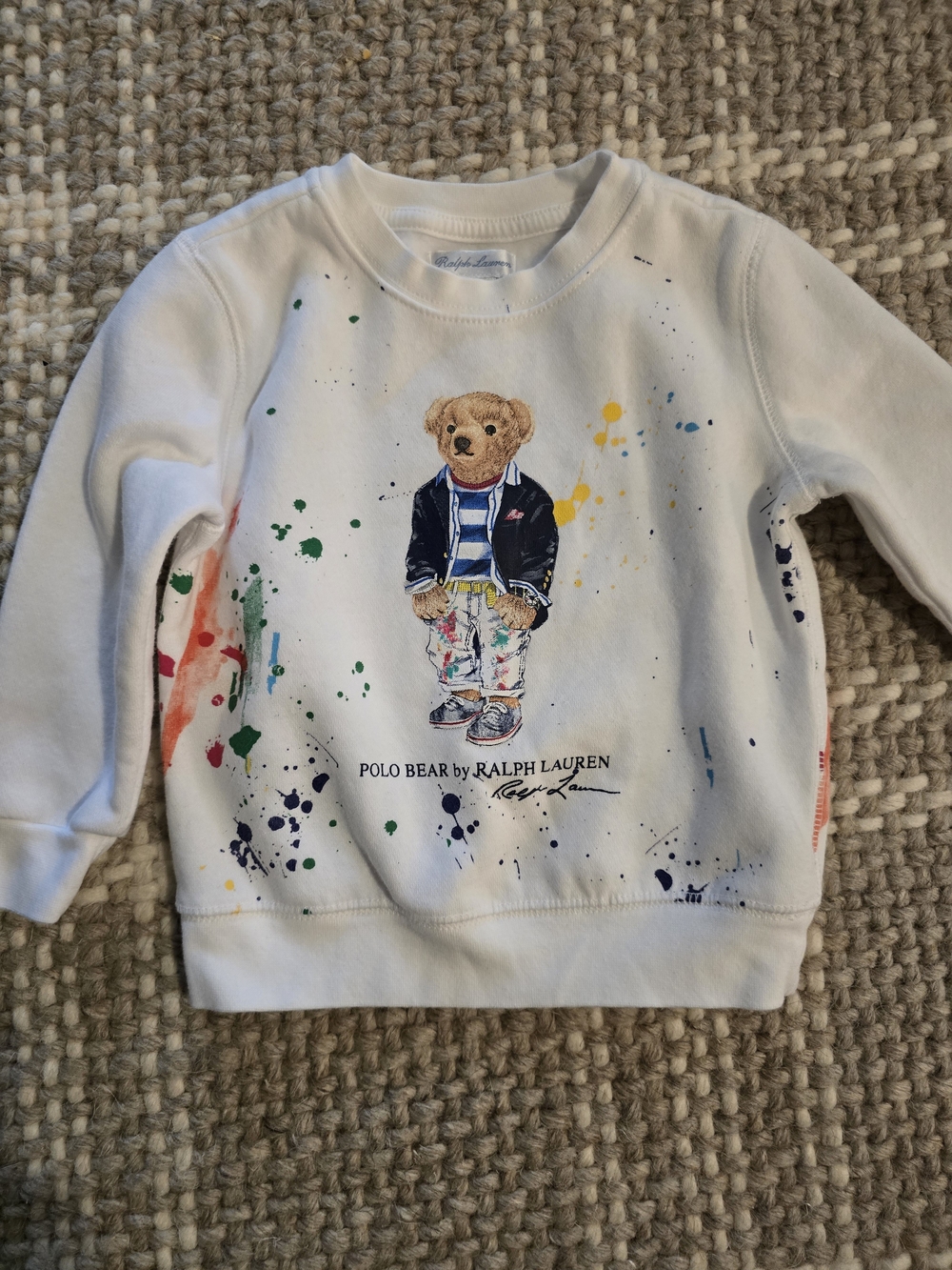 Ralph Lauren White Kids Polo Bear Paint-Splatter Sweatshirt — Multicolor Accents